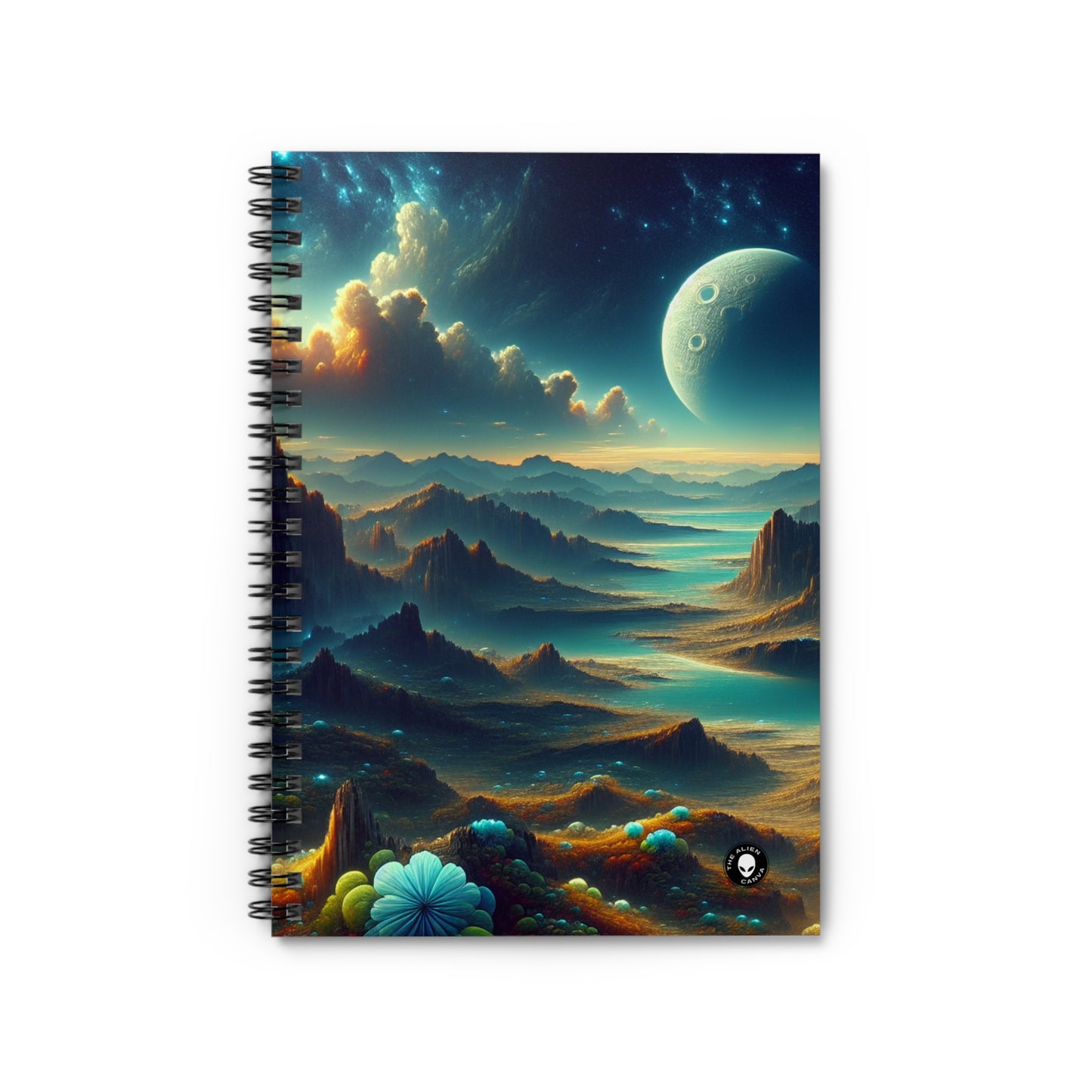 "Un Sueño Extraño: Un Mundo Desconocido en Detalle" - The Alien Spiral Notebook (Ruled Line) planetas no descubiertos en estilo hiperrealista