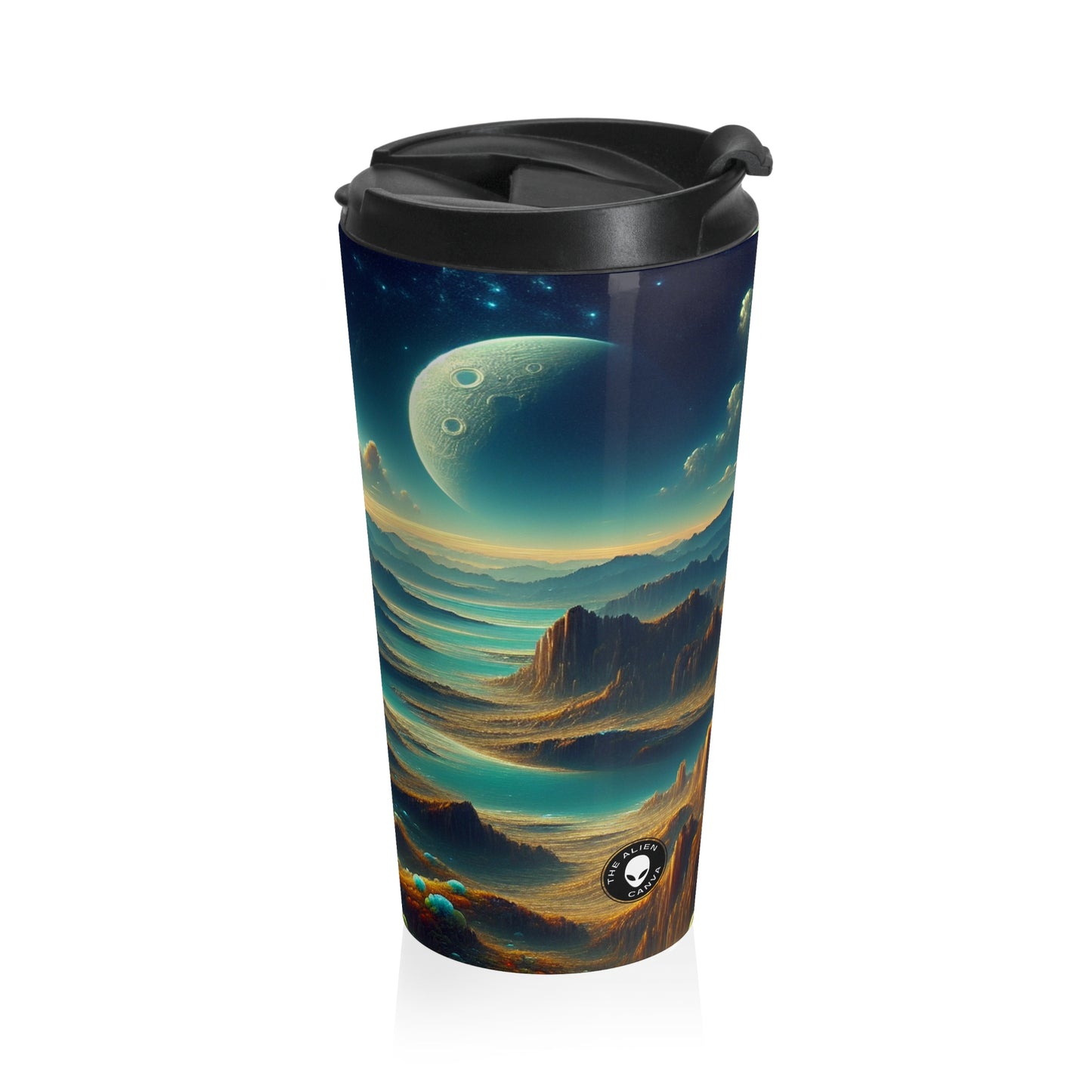 "Un Sueño Extraño: Un Mundo Desconocido en Detalle" - The Alien Stainless Steel Travel Mug planetas no descubiertos en estilo hiperrealista