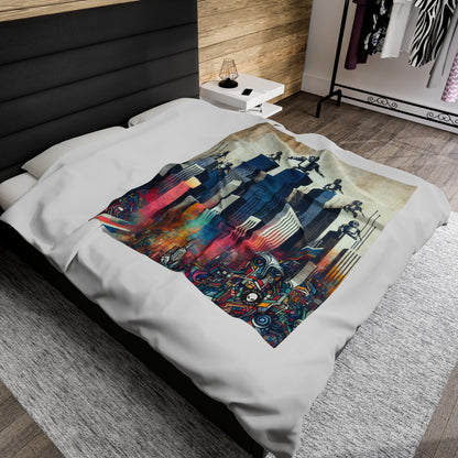 "Robotic Cityscape: A Futuristic Mural" - The Alien Velveteen Plush Blanket Street Art / Graffiti