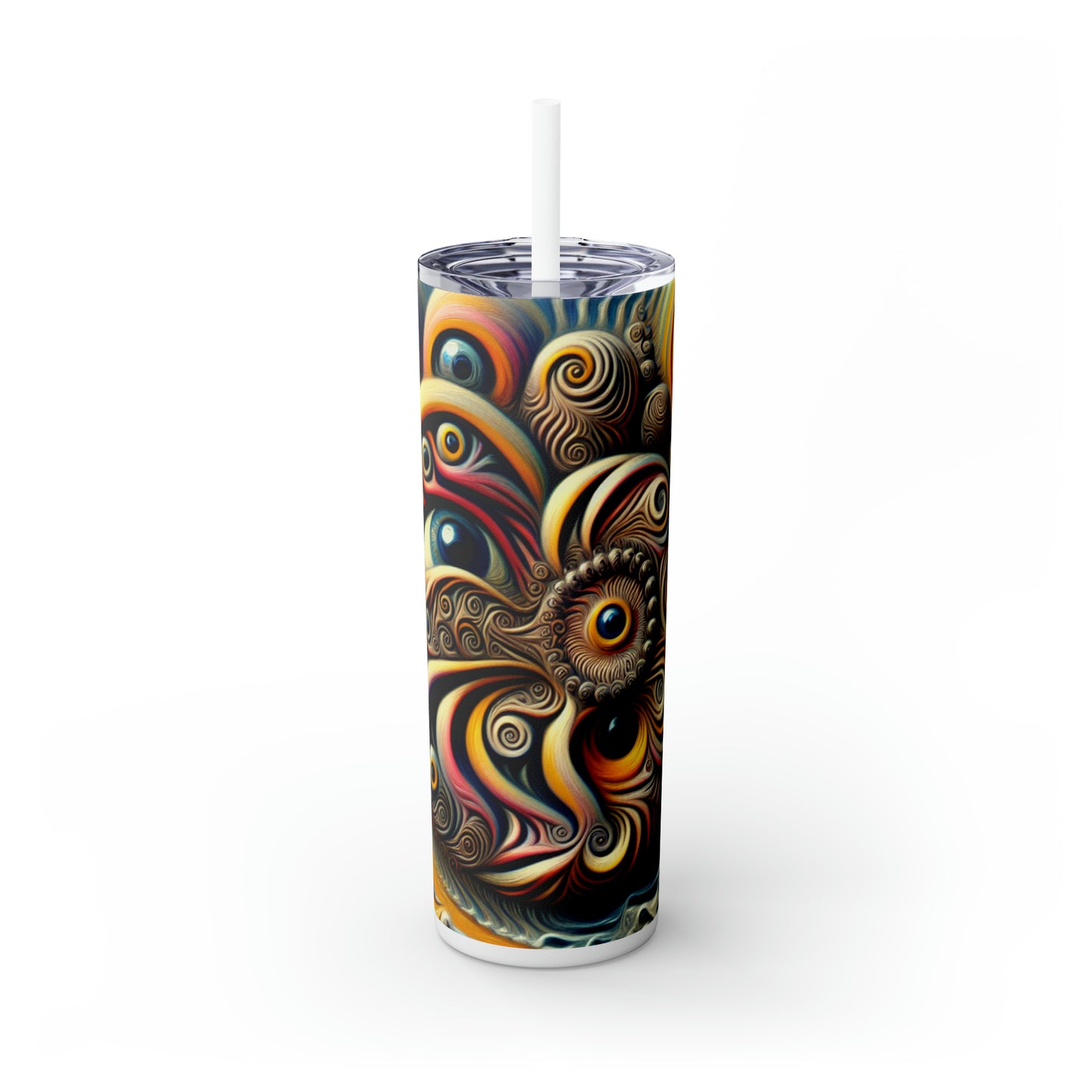 "Time Island's Dreamlike Dance" - The Alien Maars® Skinny Tumbler with Straw 20oz Surrealism