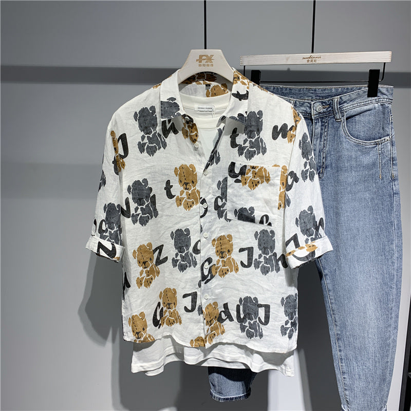 Camisa de manga corta de lino para hombre, solapa holgada, estampado de oso, camisa Retro japonesa en pulgadas para hombre