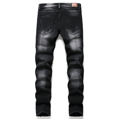 European And American Style Fashion Casual Youth Printed Black Men's Slim Stretch Cotton Jeans