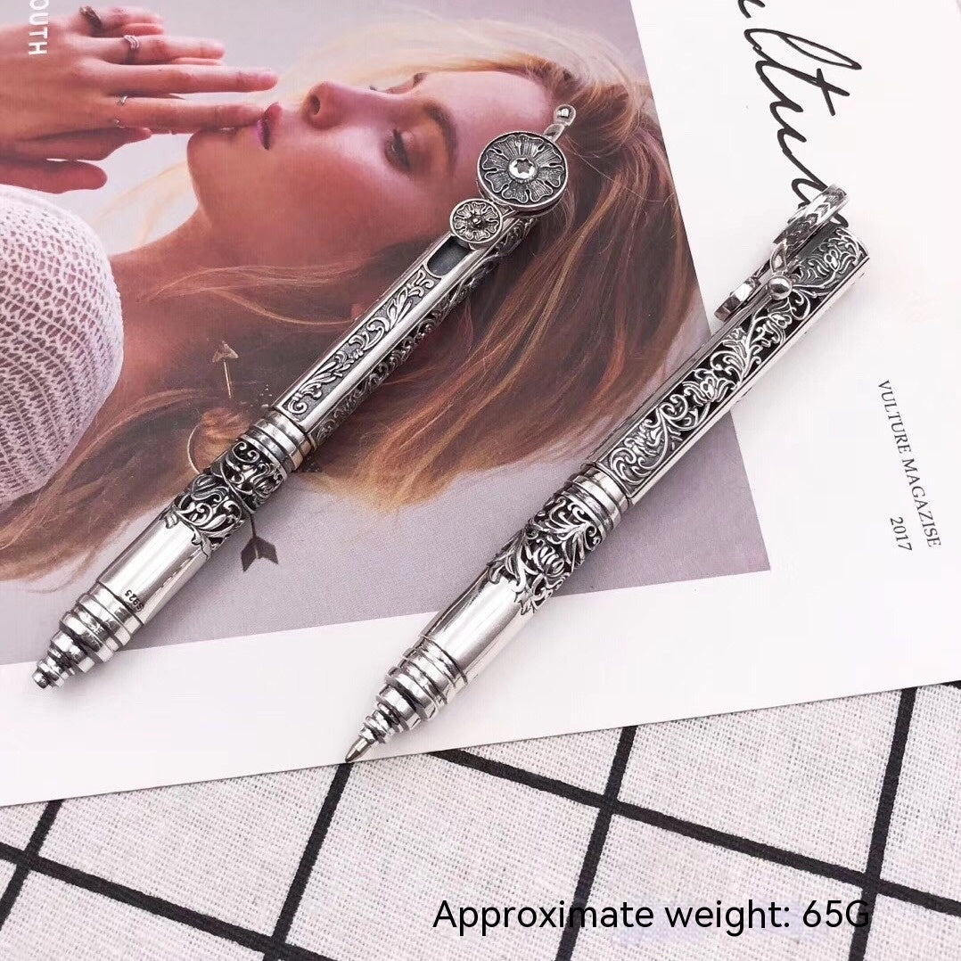 High-grade 925 Sterling Silver Heavy Industry Tangcao Pattern Thai Classical Ballpoint Pen Shell