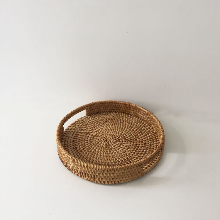 Rattan Snack Storage Tray Round Basket Hand Woven Decor Bread Fruit Food Display R9JC