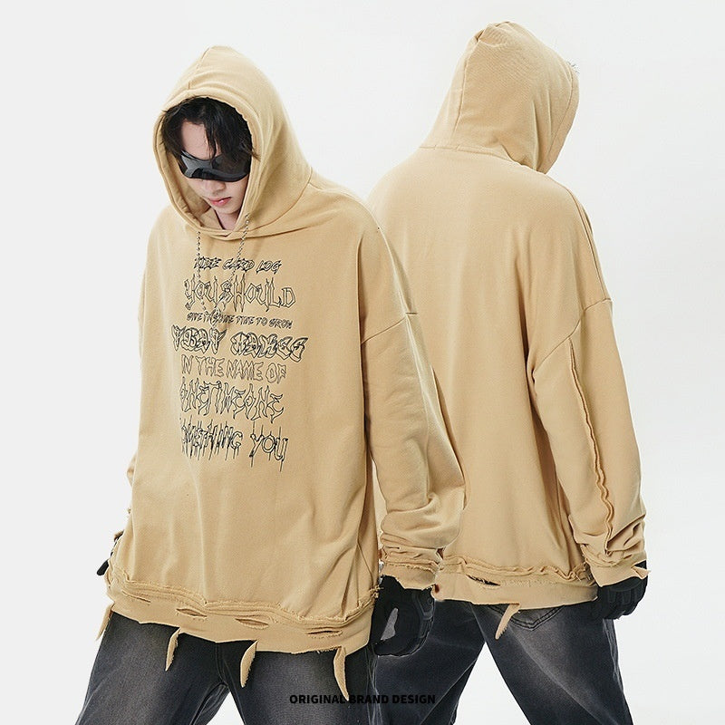 Ripped Hem With Chain Personality Letter Printed Hoodie