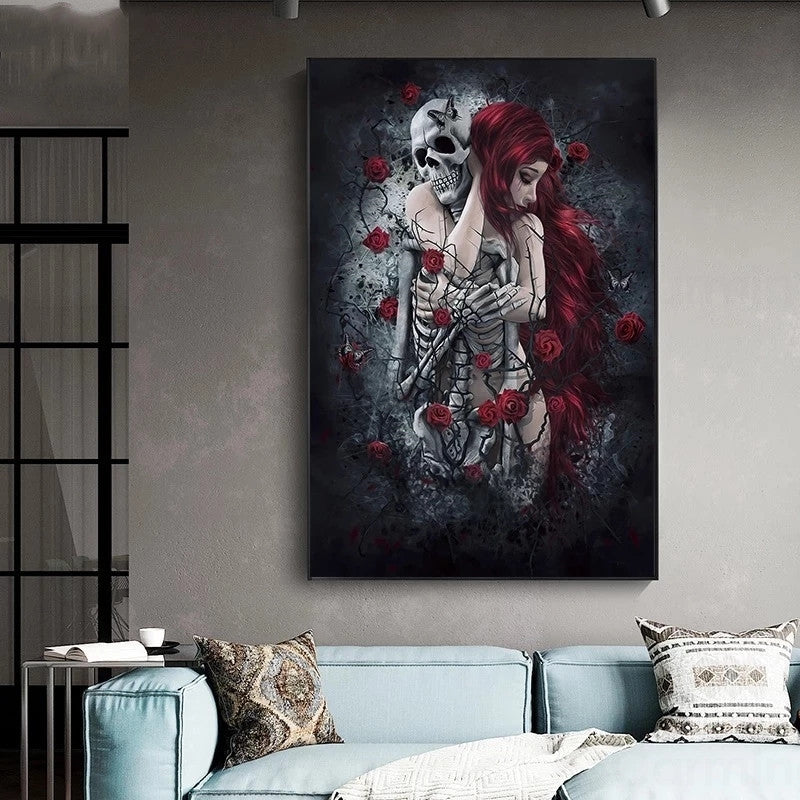 Pintura artística de calavera para pared, lienzo de rosa roja, imagen de mujer de pelo largo, póster e impresión para decoración Interior del hogar, impresión de pared sin marco