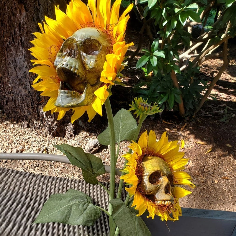 Decoración de Halloween con forma de calavera y girasol, simulación de ambiente de jardín, adorno de flores para decoración del jardín del hogar