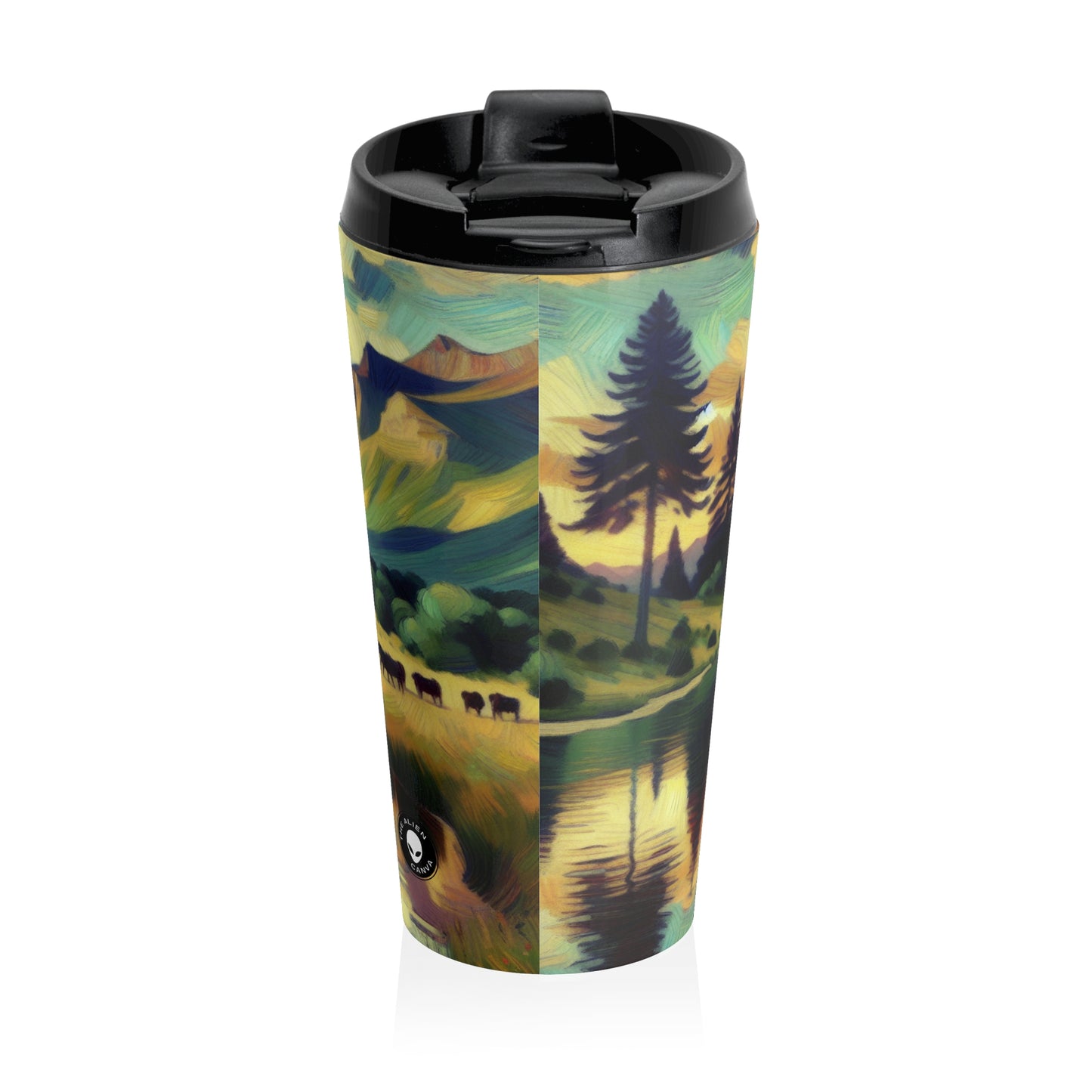 "Dusk in the Countryside: A Vibrant Post-Impressionist Painting" - The Alien Stainless Steel Travel Mug Post-Impressionism