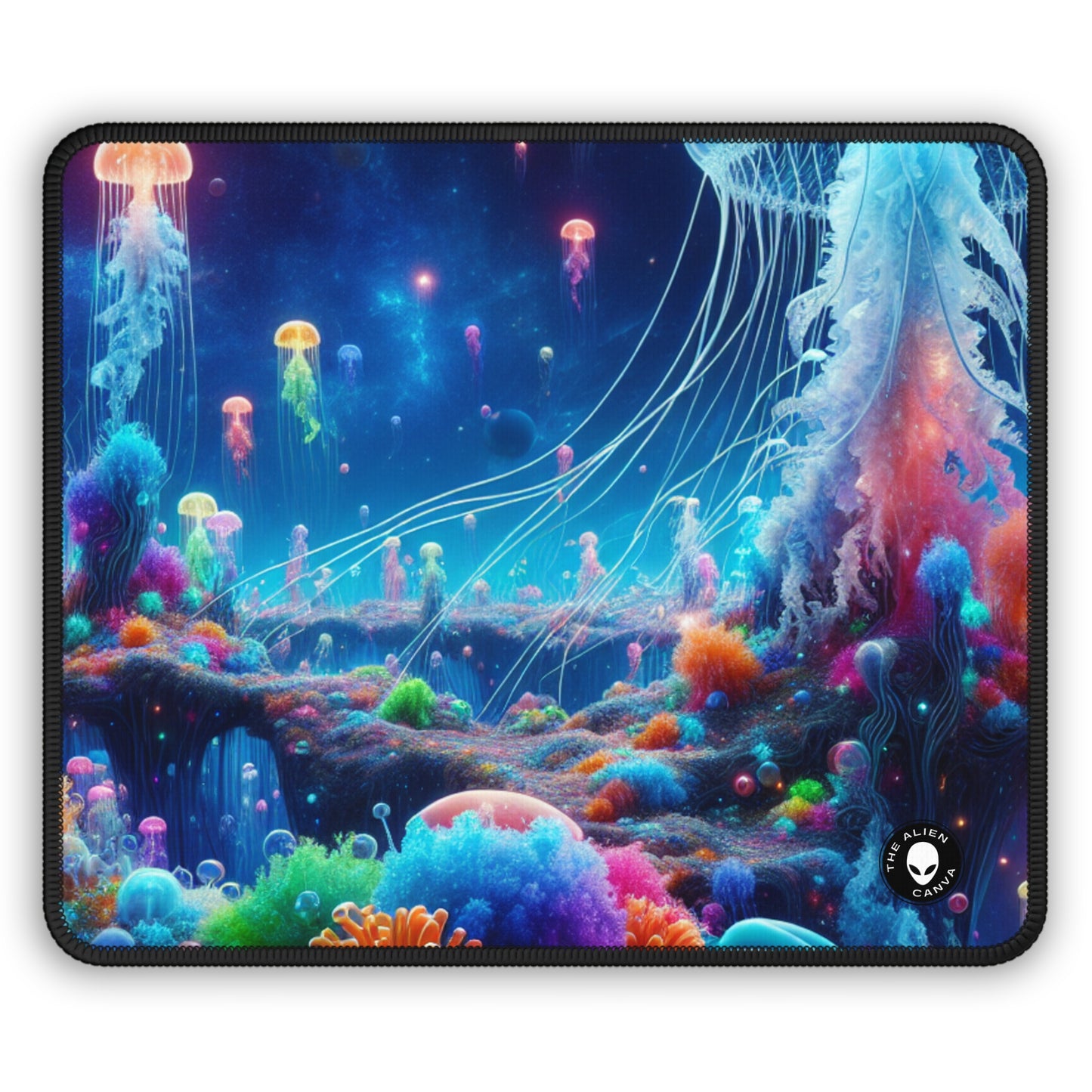 "Neon Jellyfish Fantasia : Une odyssée sous-marine surréaliste" - Le tapis de souris de jeu Alien