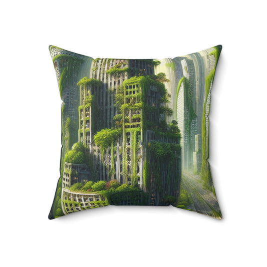 "Nature's Resurgence: A Futuristic Cityscape"- The Alien Spun Polyester Square Pillow