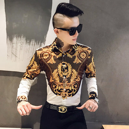 Spring and autumn new men's printed long-sleeved shirt slim shirt