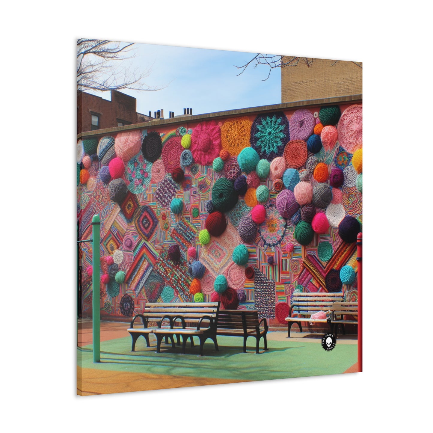 "Yarn of Joy: A Colorful Outdoor Mural" - The Alien Canva Yarn Bombing (Fiber Art)