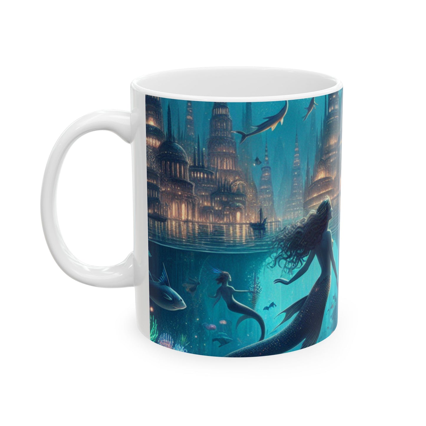 "Atlántida iluminada: una ciudad de criaturas marinas místicas" - Taza de cerámica alienígena de 11 oz