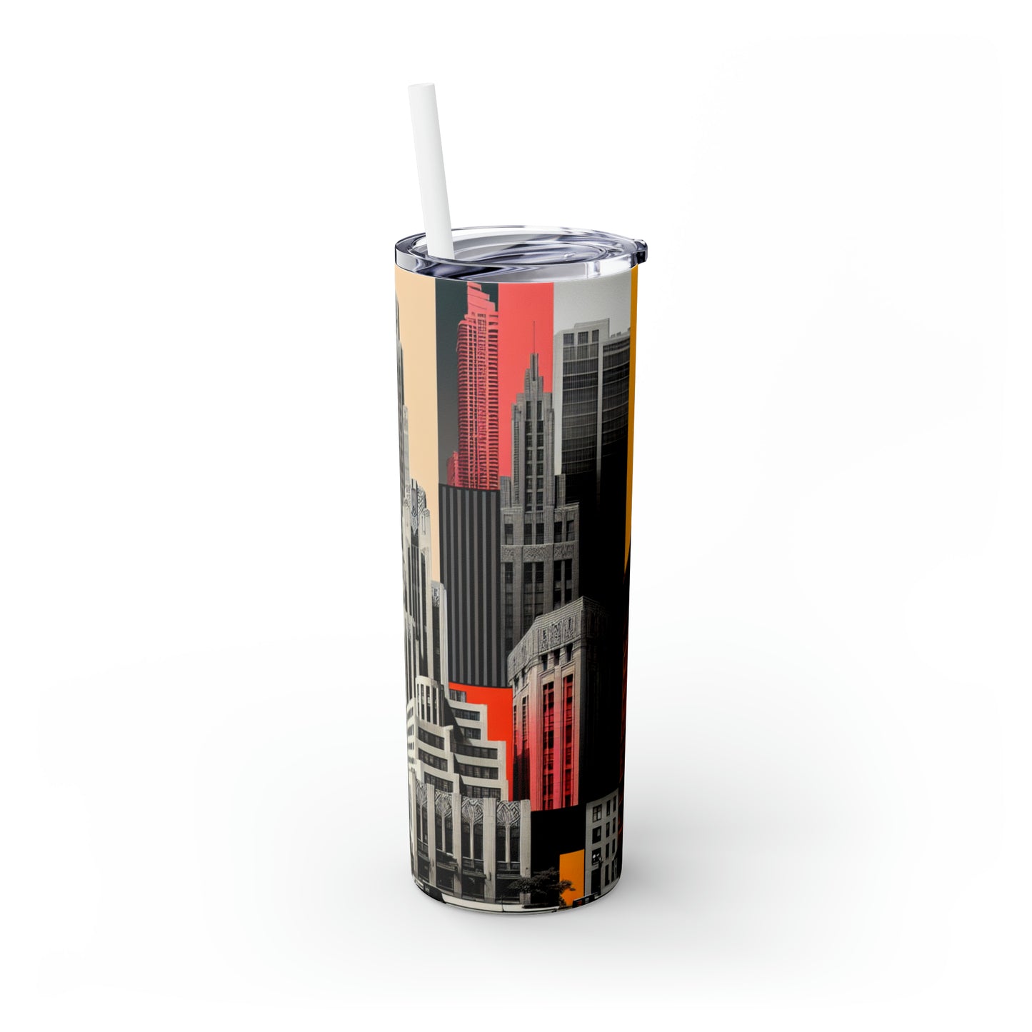 "A Contrast of Times: Classic Art Deco Skyscrapers and a Modern Cityscape" - The Alien Maars® Skinny Tumbler with Straw 20oz Art Deco Style