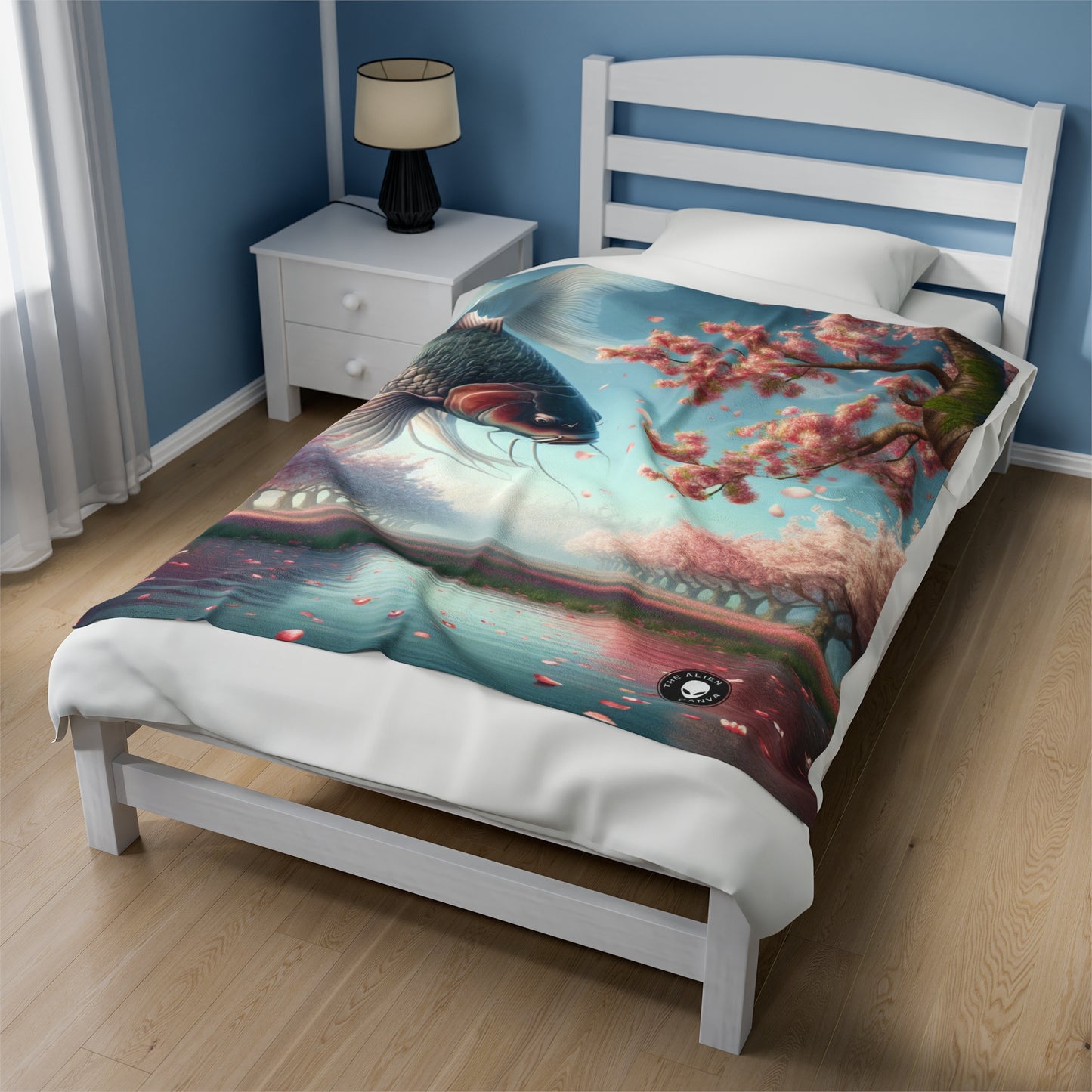 "Koi Fish in Cherry Blossoms: Beauty of Nature" - The Alien Velveteen Plush Blanket