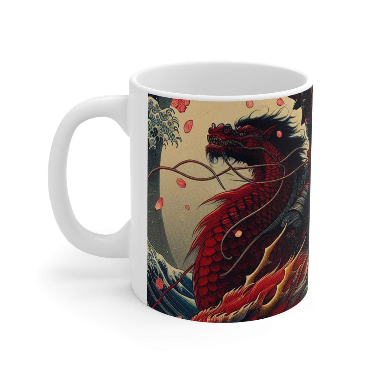 "Storming into Battle: A Samurai's Tale" - Taza de cerámica The Alien de 11 oz estilo Ukiyo-e (impresión en madera japonesa)