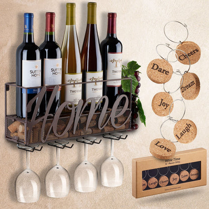 Wine Rack Metal Wall Mount with Bottle and Glass Holder and Cork Storage Store Home Decoration