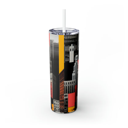 "A Contrast of Times: Classic Art Deco Skyscrapers and a Modern Cityscape" - The Alien Maars® Skinny Tumbler with Straw 20oz Art Deco Style