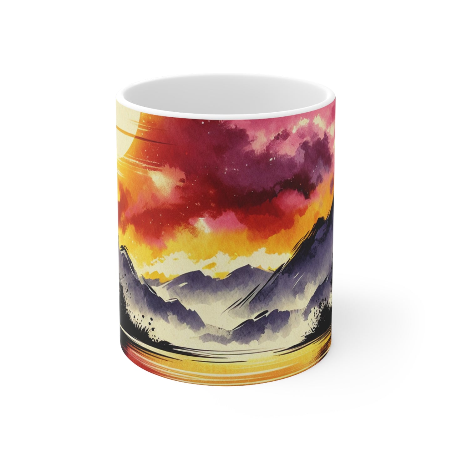 "A Pastel Sunset Symphony" - Taza de cerámica alienígena con pintura de lavado de tinta de 11 oz