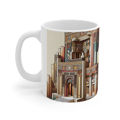 "Ruinas Deco: Arte geométrico en un entorno antiguo" - Taza de cerámica The Alien de 11 oz estilo Art Deco