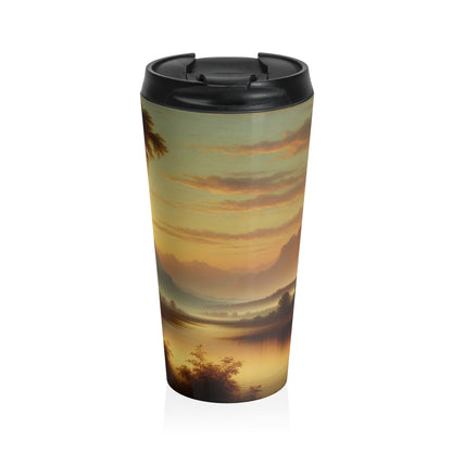 "Matin brumeux : Tonalisme serein sur un lac tranquille" - La tasse de voyage Alien en acier inoxydable Tonalism