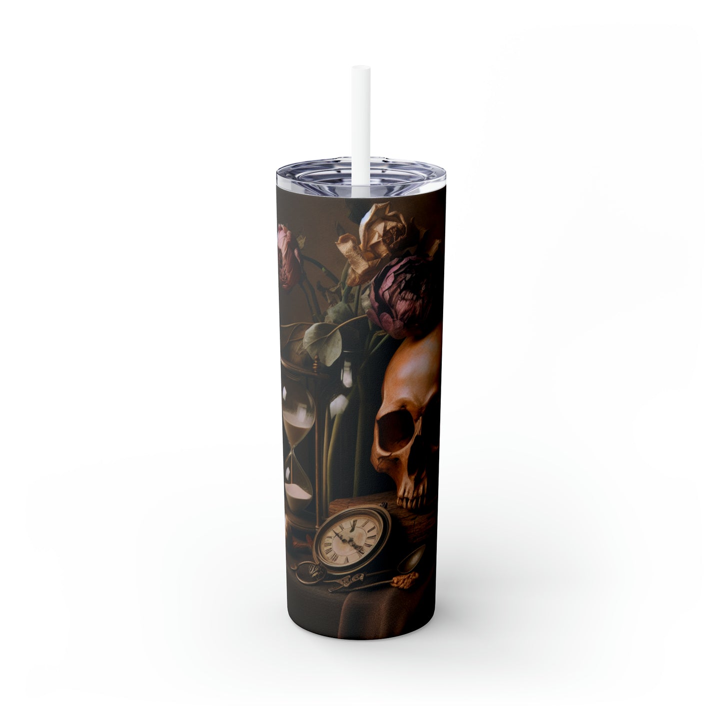 "Fleeting Beauty: A Vibrant Vanitas Painting Depicting the Passage of Time and Transient Nature of Life" - The Alien Maars® Skinny Tumbler with Straw 20oz Vanitas Painting