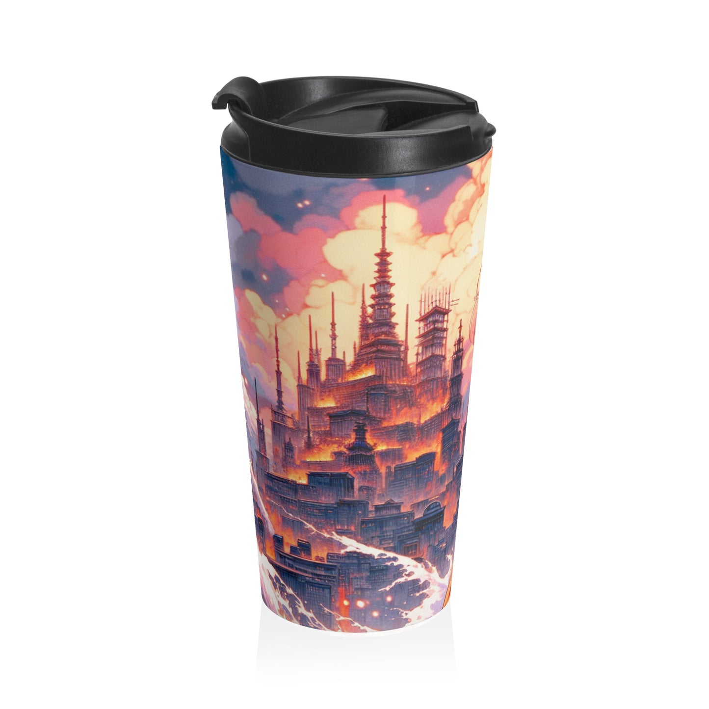 Title: "Swords ablaze: The Elemental Duel" - The Alien Stainless Steel Travel Mug Manga/Anime Art