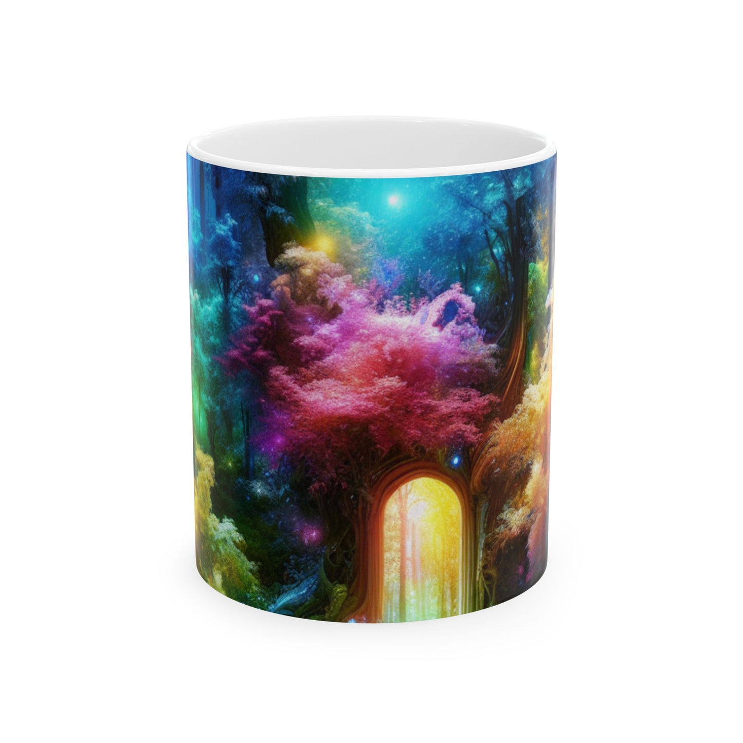 "Bosque arcoíris encantado: puerta de entrada al reino invisible" - Taza de cerámica alienígena de 11 oz