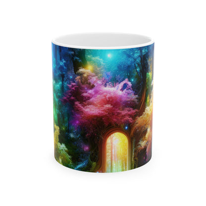 "Bosque arcoíris encantado: puerta de entrada al reino invisible" - Taza de cerámica alienígena de 11 oz