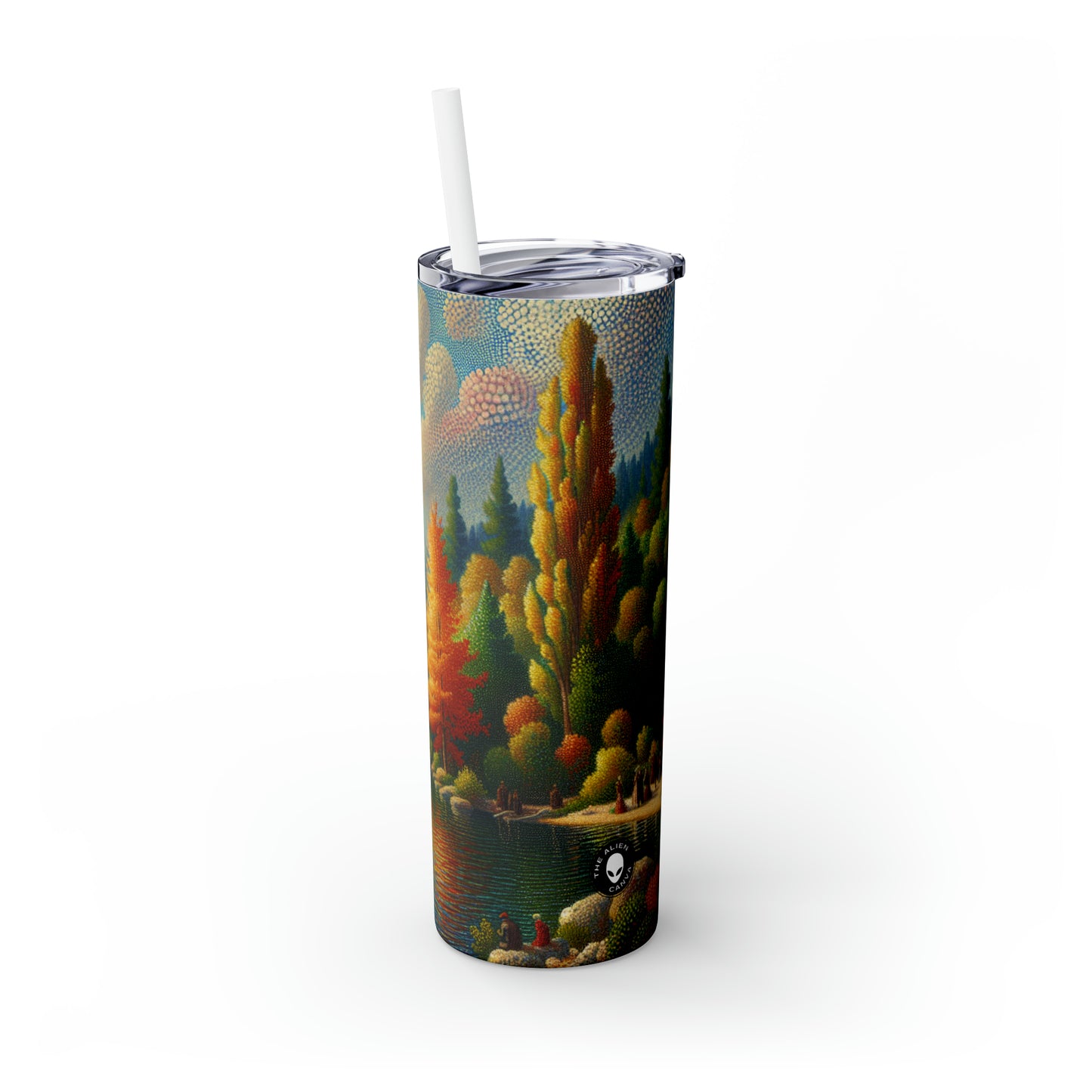 "Serenity in Dots: A Pointillism Sunset at the Beach" - The Alien Maars® Skinny Tumbler with Straw 20oz Pointillism