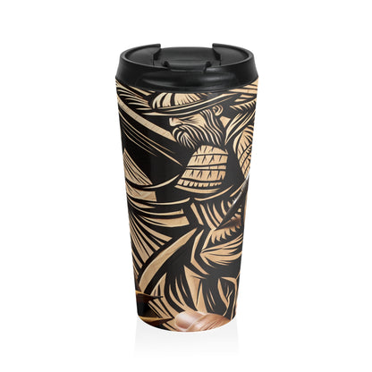 "Enchanting Shadows: A Woodcut Print of the Dancing Northern Lights" - The Alien Stainless Steel Travel Mug Woodcut Printing