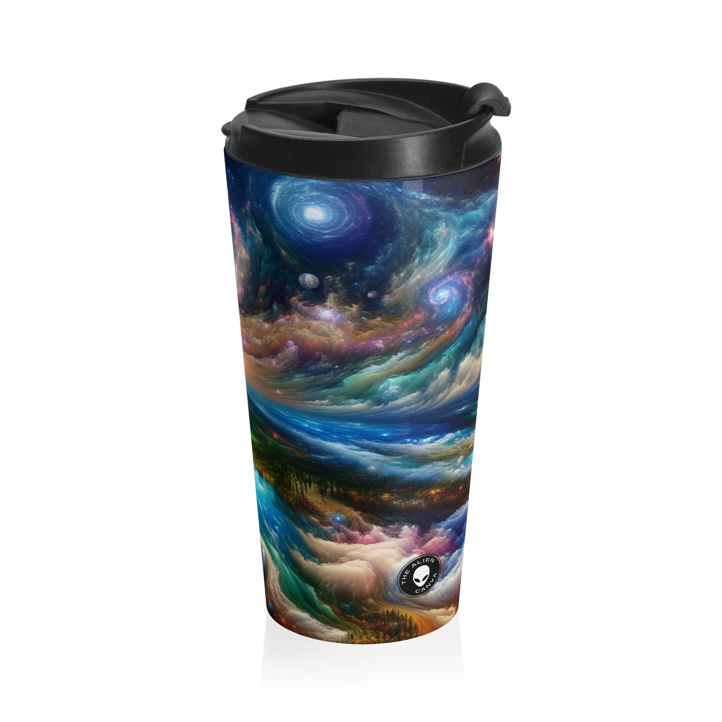 "Galactic Patchwork: A Surreal Landscape" - The Alien Stainless Steel Travel Mug