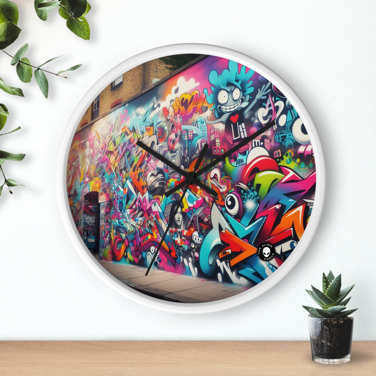 "Neon Horizon: La vibrante metrópolis del futuro" - El reloj de pared alienígena Arte callejero / Graffiti