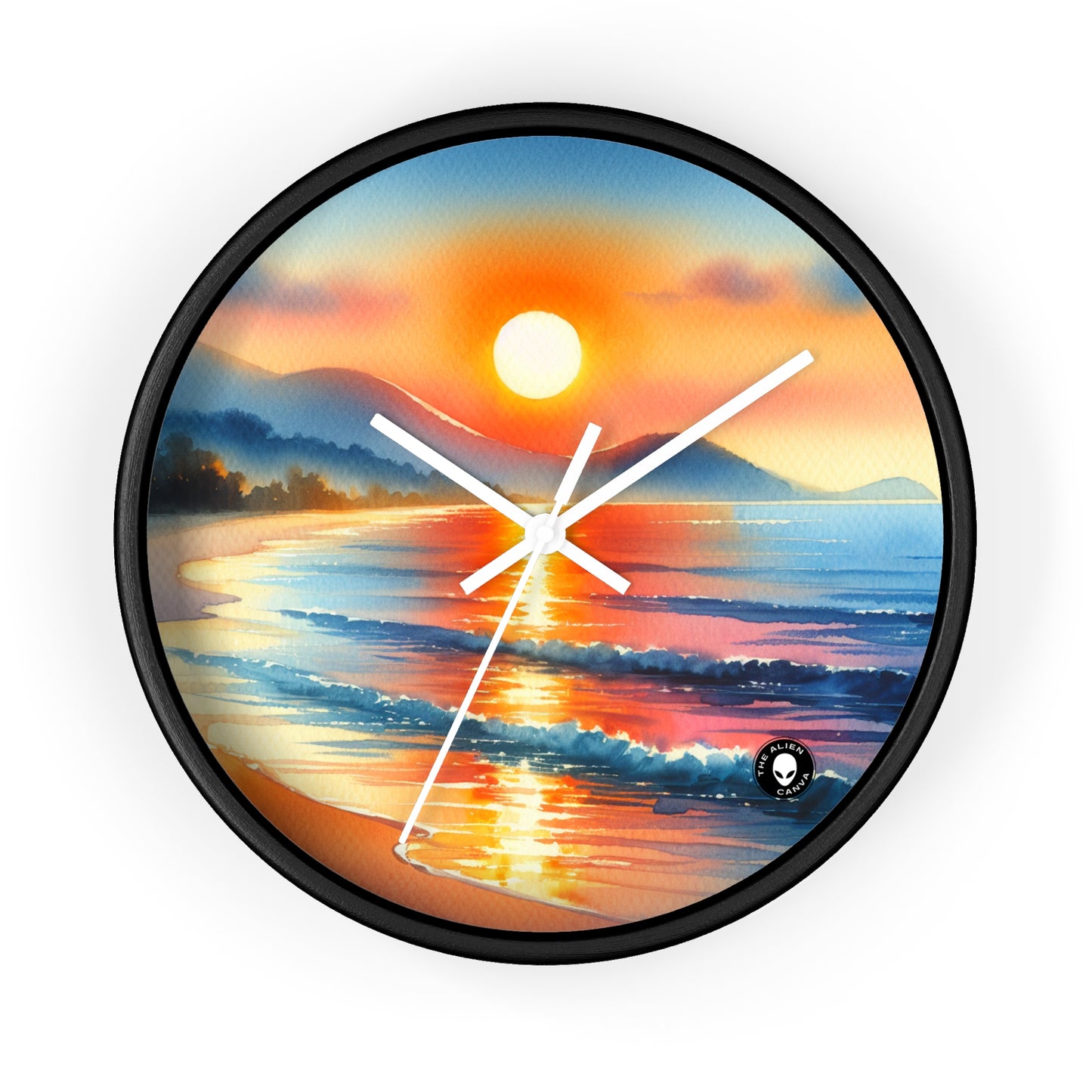 "Lever de soleil sur la plage" - La peinture à l'aquarelle de l'horloge murale extraterrestre