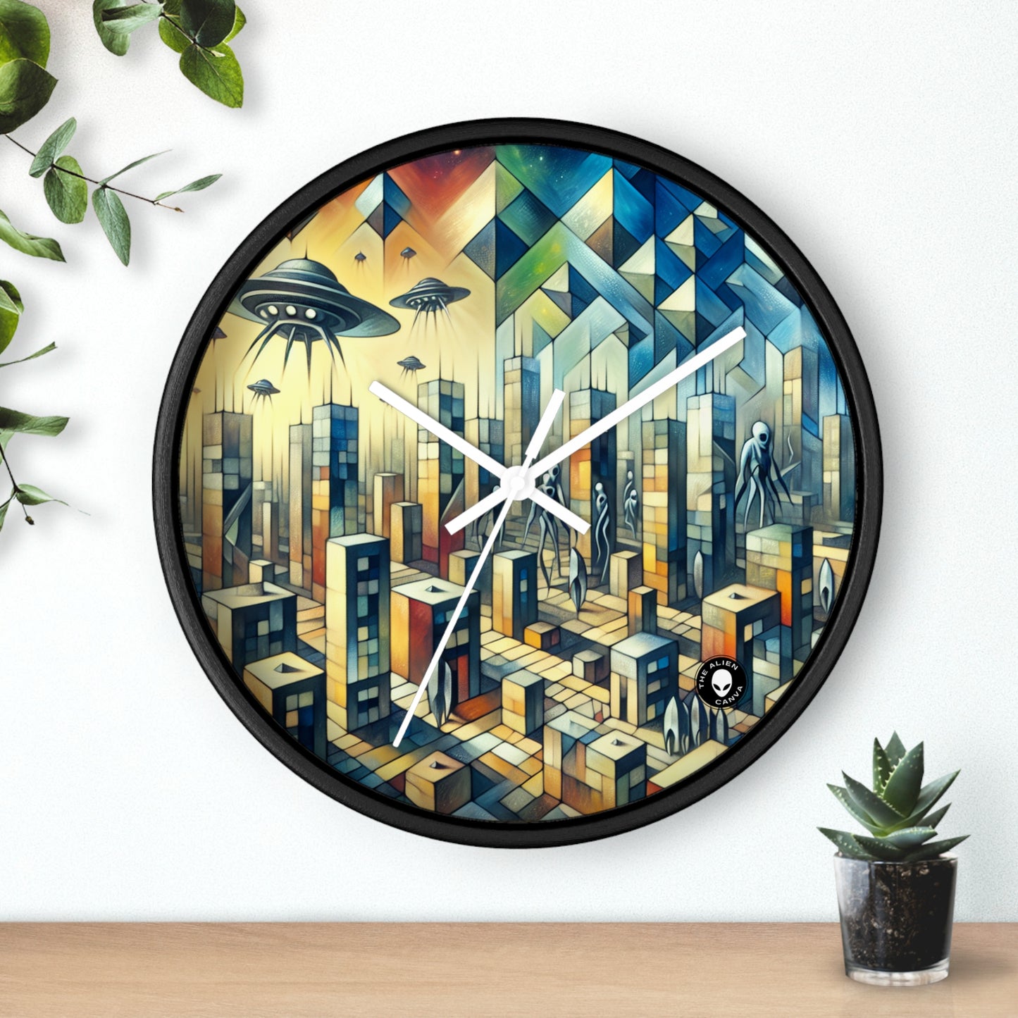 "Cubisme dans une ville futuriste envahie par des extraterrestres". - The Alien Wall Clock Une ville futuriste envahie par des extraterrestres dans un style artistique cubiste