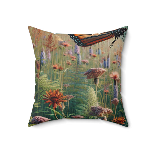 "Un monarca en un prado de flores silvestres" - Estilo realista de la almohada cuadrada de poliéster hilado alienígena