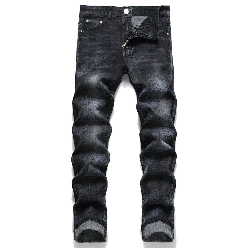 Jeans skinny punk pour hommes, taille moyenne, imprimé