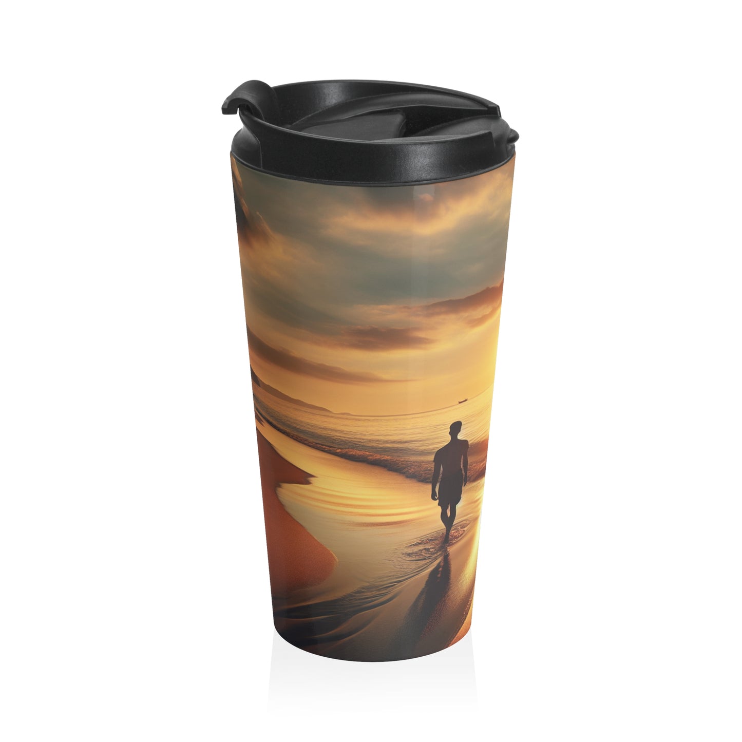 "Un paseo por la playa al atardecer" - The Alien Taza de viaje de acero inoxidable estilo fotorrealismo