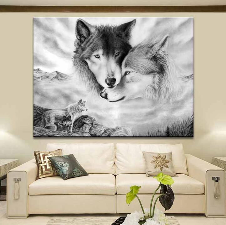 Póster moderno con estampado de lobo blanco y negro, pintura en lienzo