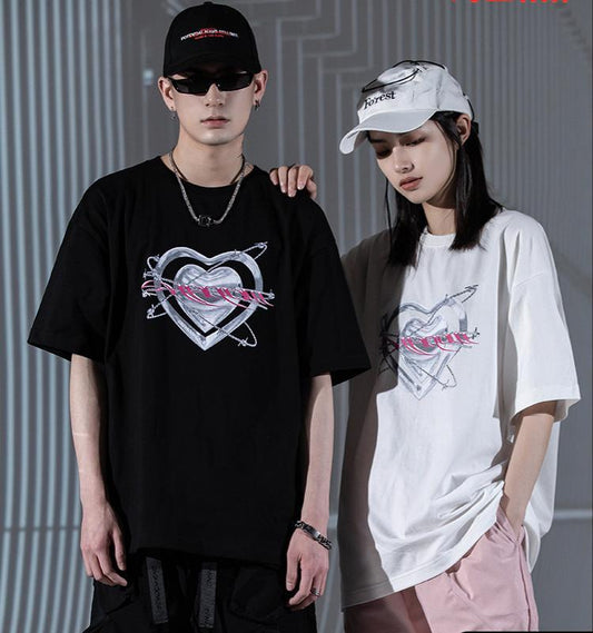 Metal Love Print Short-sleeved Loose Couple T-shirt For Men And Women