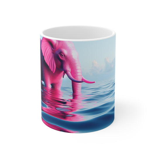 "El elefante rosa en el mar azul profundo" - Taza de cerámica The Alien 11oz Un elefante rosa flotando en el océano