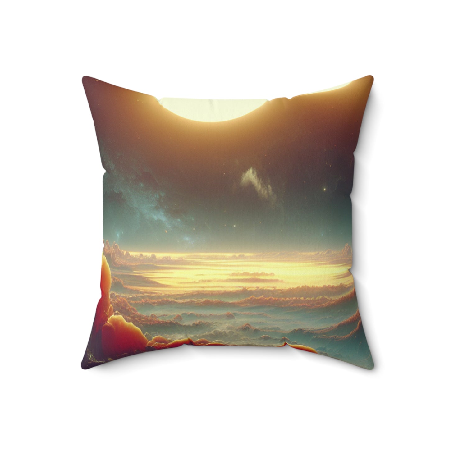 "Dawn of the Three Suns: A Sci-Fi Space Odyssey" - The Alien Spun Polyester Square Pillow Video Game Art