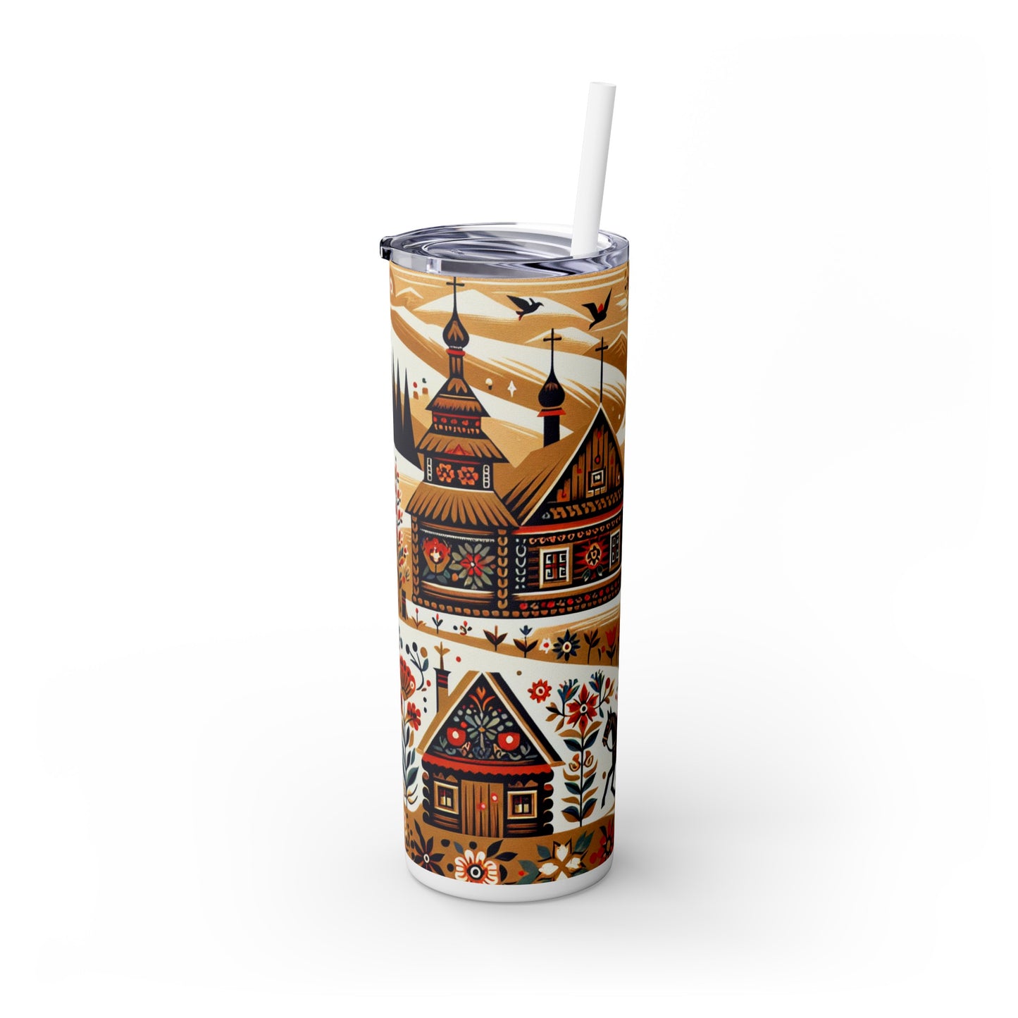 "Ukrainian Village Symphony: A Colorful Folk Art Reflection" - The Alien Maars® Skinny Tumbler with Straw 20oz Folk Art