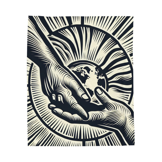 "Uniting Hands, Uniting Nations" - The Alien Velveteen Plush Blanket Woodcut Printing Style