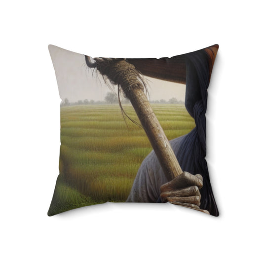 "Farmer in the Fields: A Weathered Reflection" - The Alien Spun Polyester Square Pillow Realism