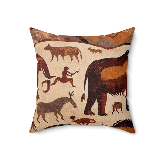 Title: "Ancient Encounter: The Battle of Giants"- The Alien Spun Polyester Square Pillow Cave Painting