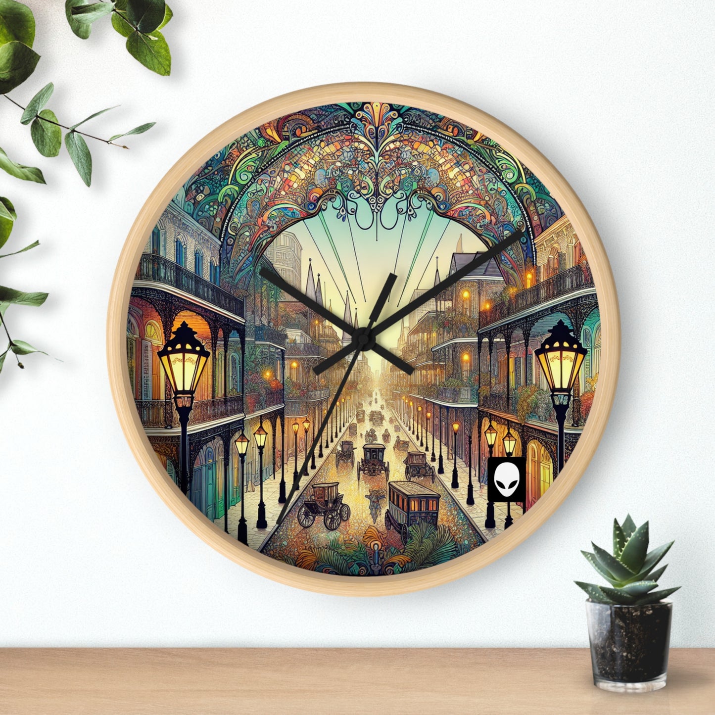 "Vivid Splendor: Une image du quartier français de la Nouvelle-Orléans" - L'horloge murale Alien de style Art Nouveau