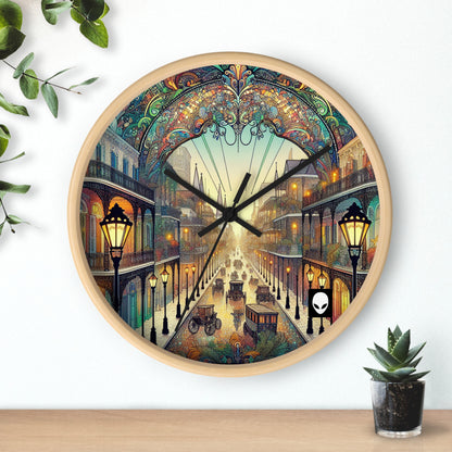 "Vivid Splendor: Una imagen del barrio francés de Nueva Orleans" - El reloj de pared alienígena estilo Art Nouveau