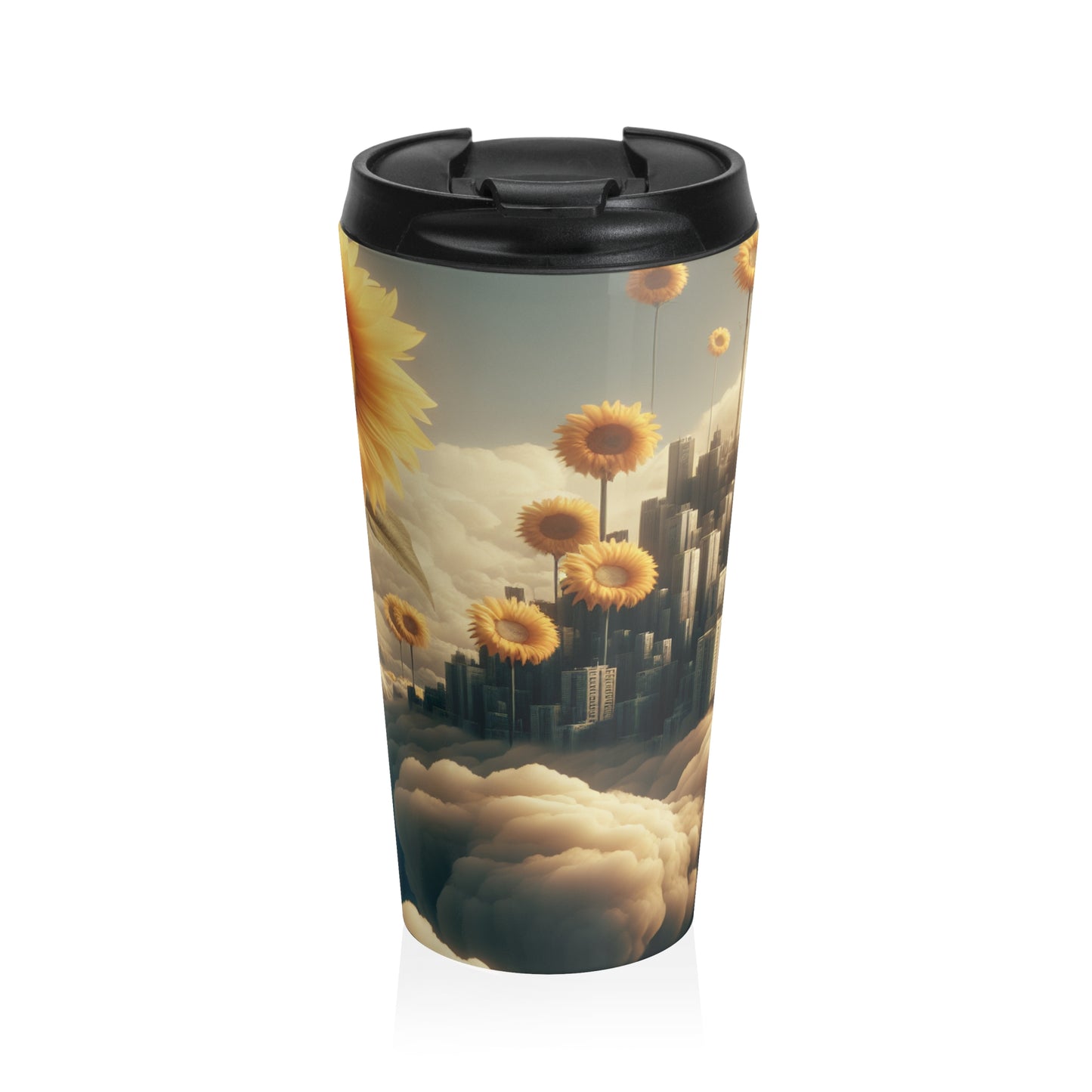 "Ethereal Sky: La ciudad de las nubes y los girasoles" - Taza de viaje de acero inoxidable de Alien