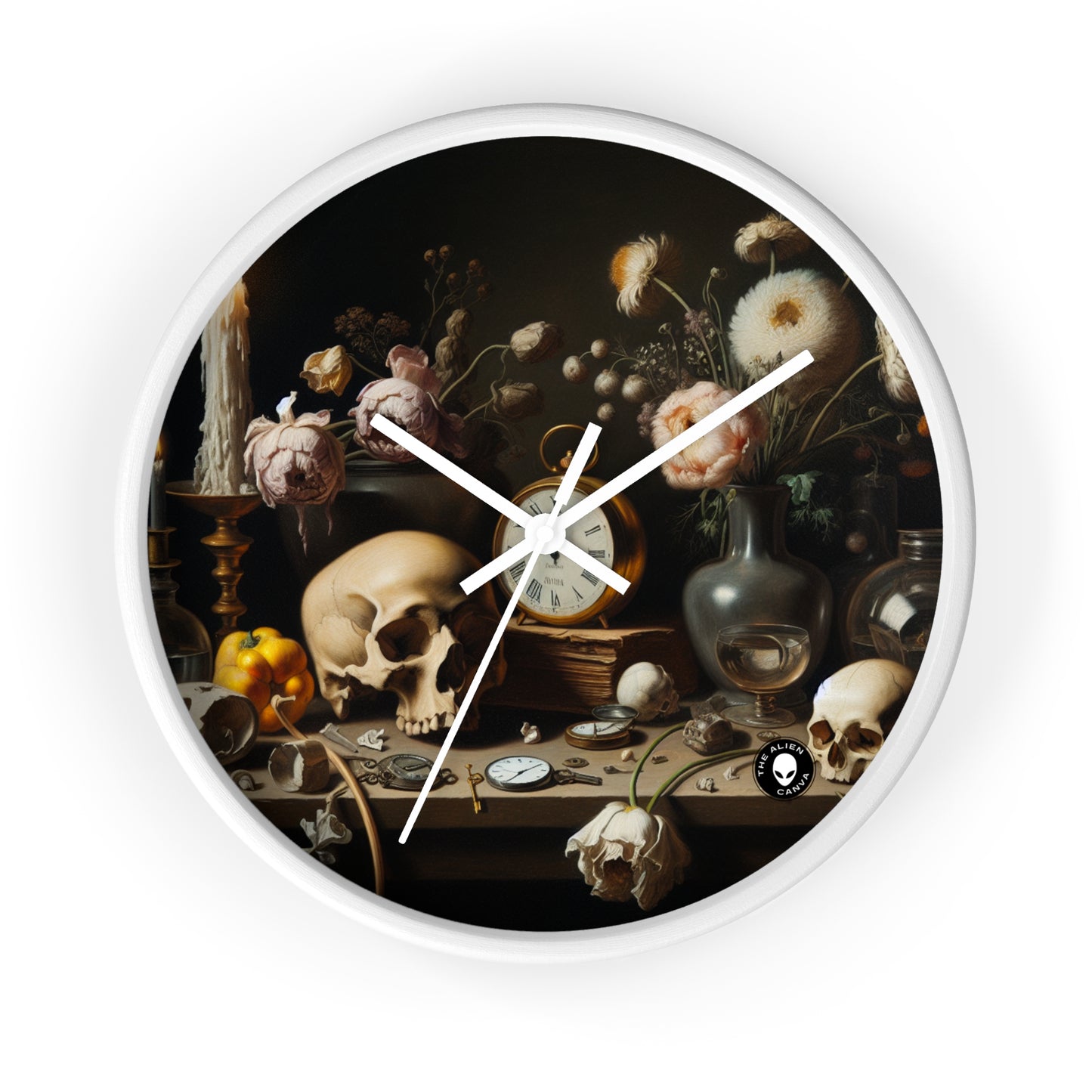 "Digital Decay: A Contemporary Vanitas Examining Consumerism in the 21st Century" - The Alien Wall Clock Vanitas Painting